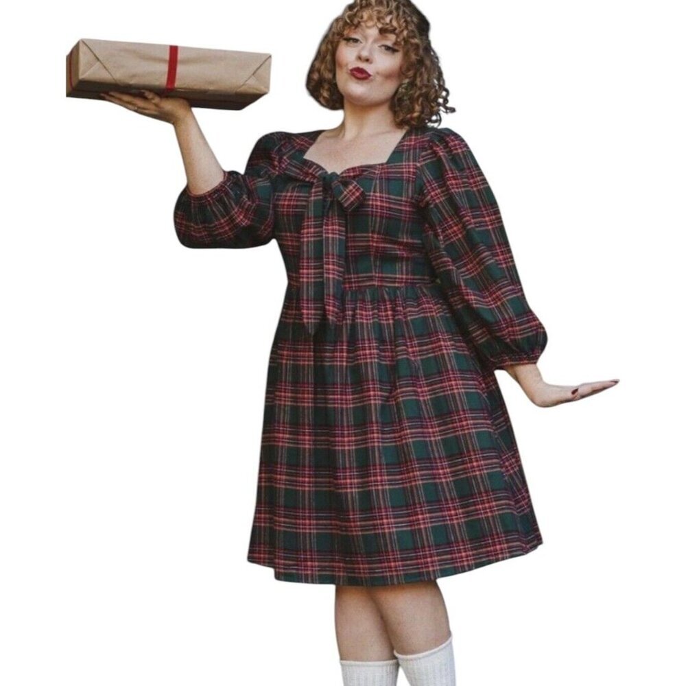 Plaid Dress Tie Neck 3/4 Sleeve A-Line Holiday Party Dress Size‎ 1X vtg inspired